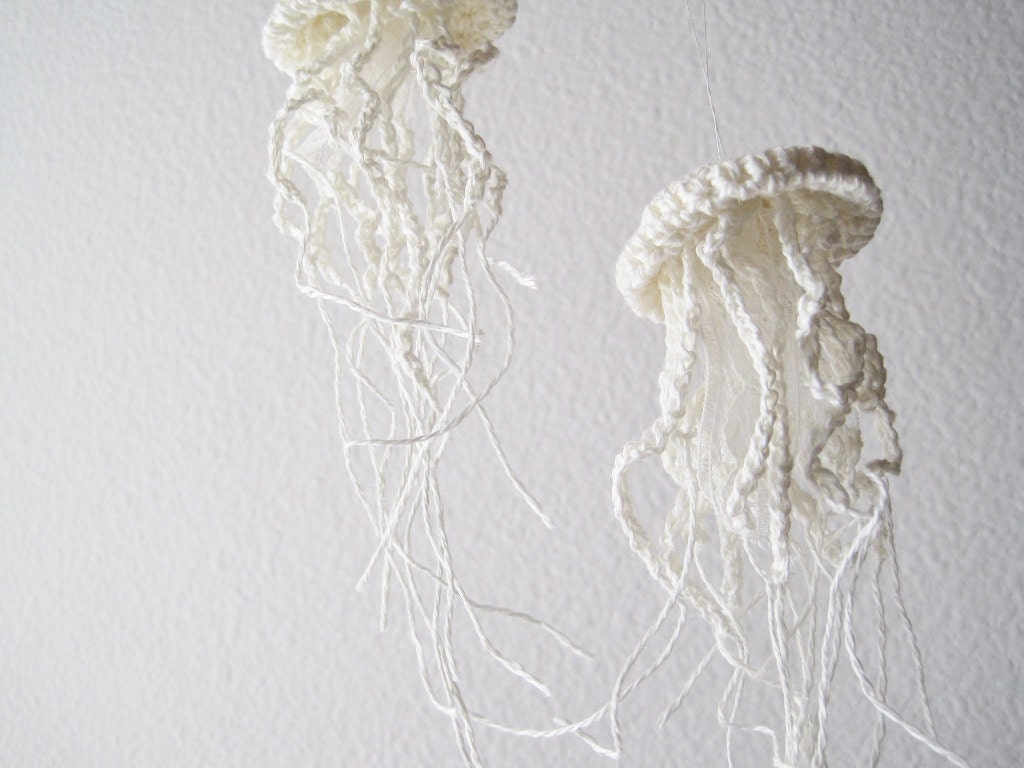 Wedding / Holiday Decor - Twelve Elegant Jellyfish Amigurumi Ornaments in Pale Cream White Linen, Silk and Lace