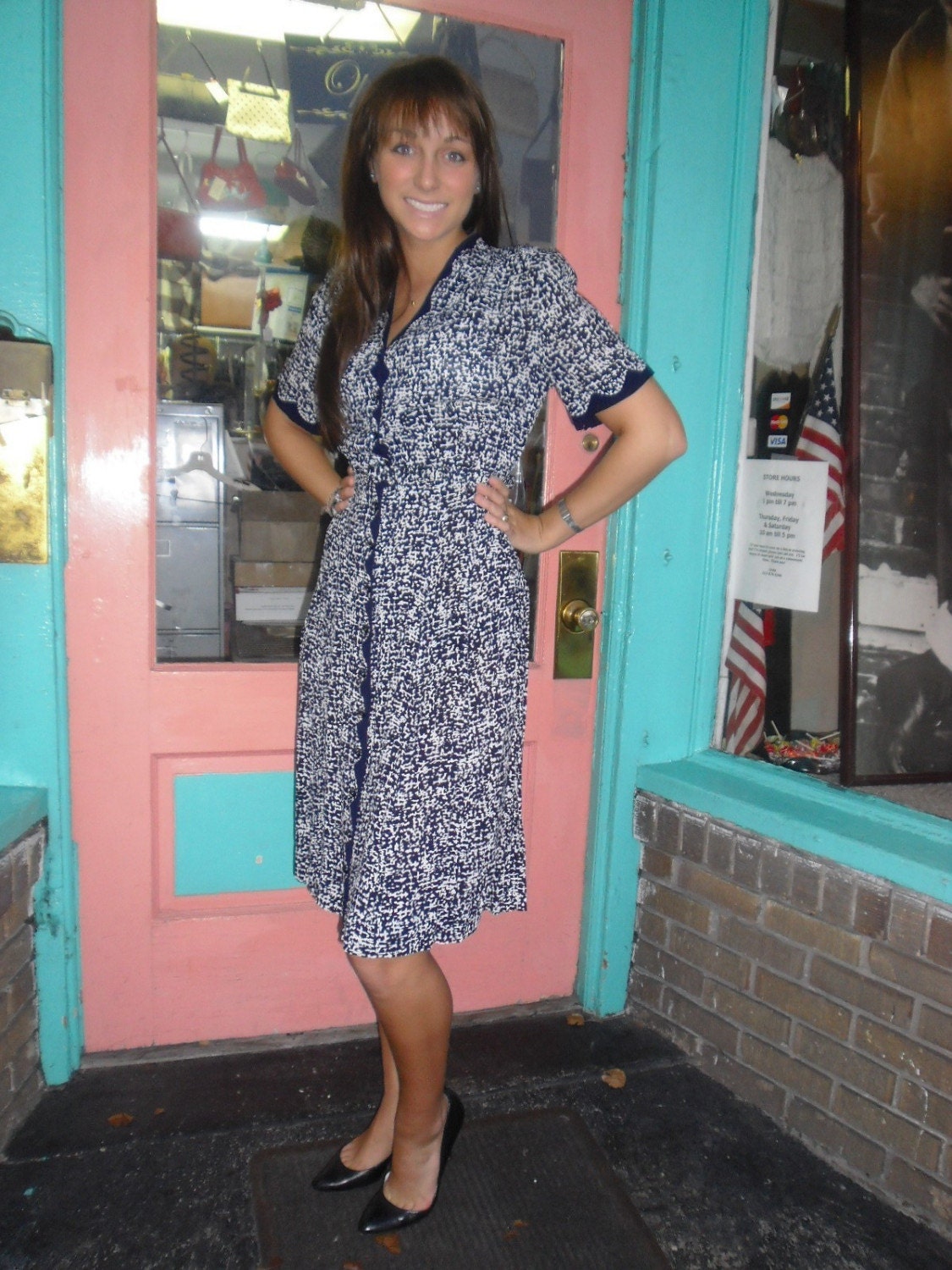 Saucey Flirty 1940s Vintage Navy Blue and White Rayon Swing Dress 38 in Bust Free U S Shipping