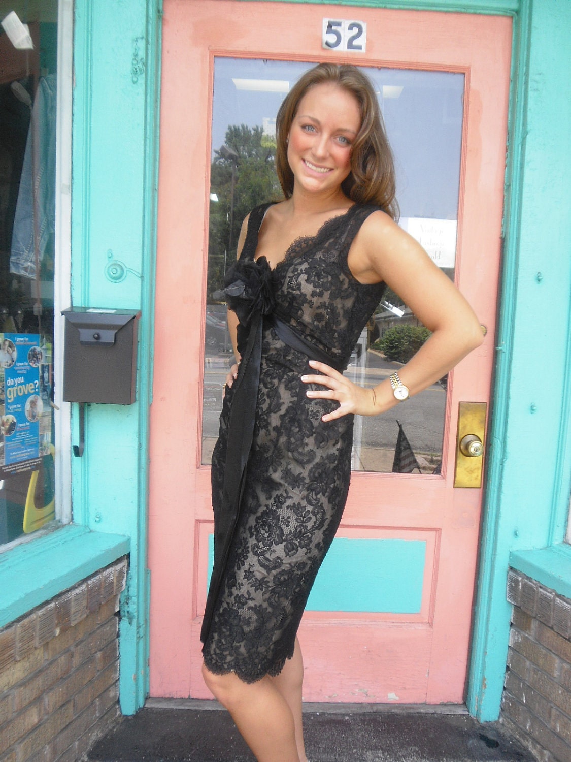 Exceptional & Sexy 1950s Vintage Dress Suzy Perette Black Chantilly Lace over Nude 36 Bust Free U S Ship