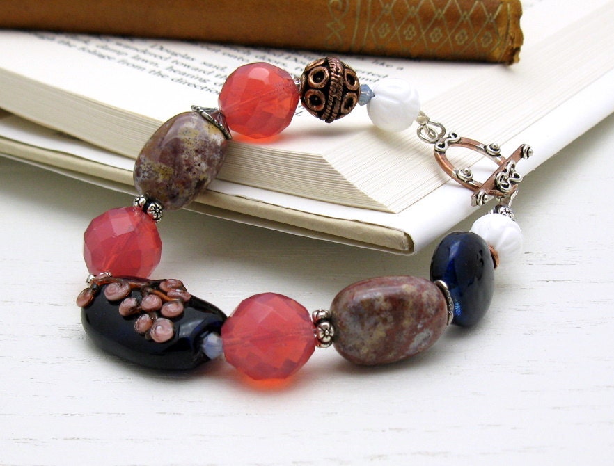 Bohemian Cobalt Lampwork Beaded Bracelet / Blue Organic Copper Beaded Bracelet / Copper Boho Beaded Bracelet