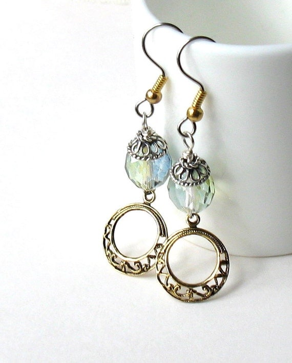 Celery Green Brass Filigree Dangle Earrings - Glory / Fresh / Garden / Teacher Gift / Pastel