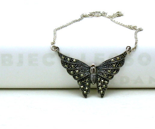 Vintage Marcasite Butterfly Sterling Silver Necklace - Flight / Woodland Nature Rustic Fall Autumn Nature Butterfly