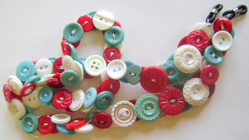 Eyeglass Chain in Vintage Buttons - Red and Turquoise