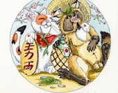 Japanese Welcome Cat, Tanuki, Maneki Neko, friendship print
