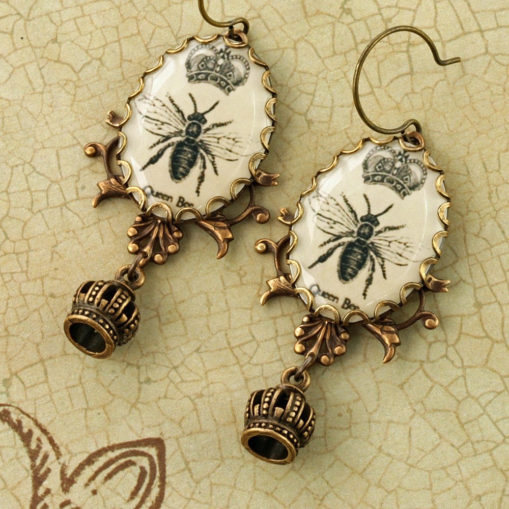 Queen Bee Earrings Honey Bee Earrings Crown Earrings Woodland Earrings Brass Filigree Earrings Victorian Earrings Altered Art