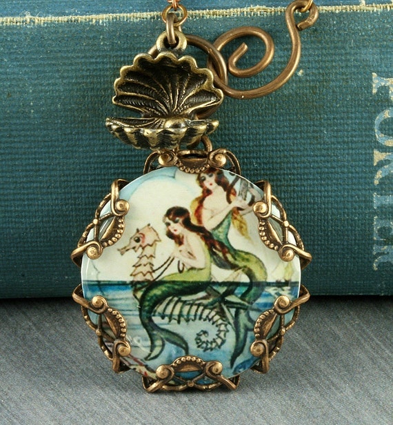 Blue Mermaid Necklace Seahorse Necklace Mermaid Pendant Beach Necklace Oyster Brass Filigree Vintage Mermaid Seashell Altered Art