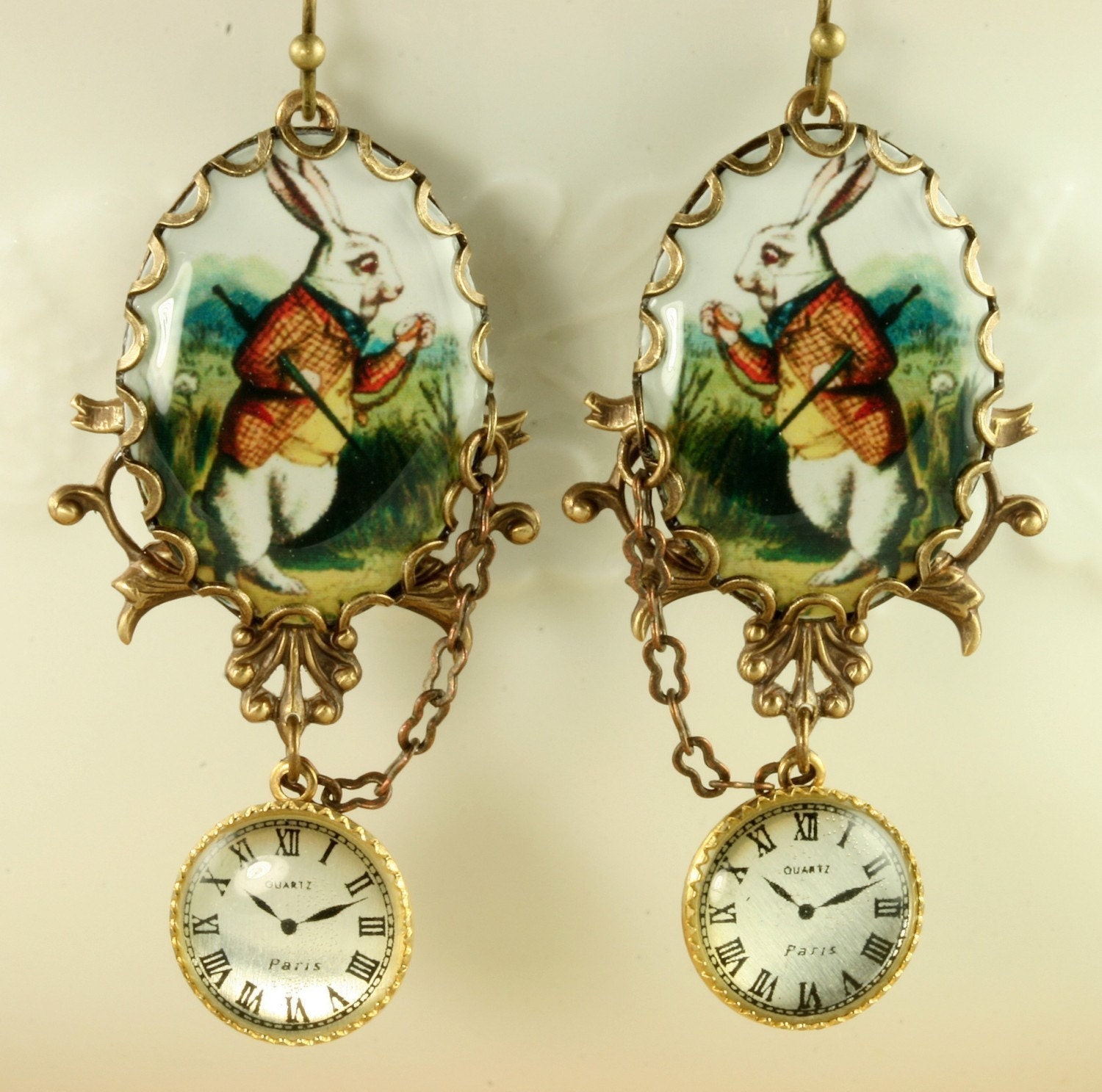 White Rabbit Earrings Alice in Wonderland Earrings Pocket Watch Earrings Brass Filigree Vintage Style Altered Art