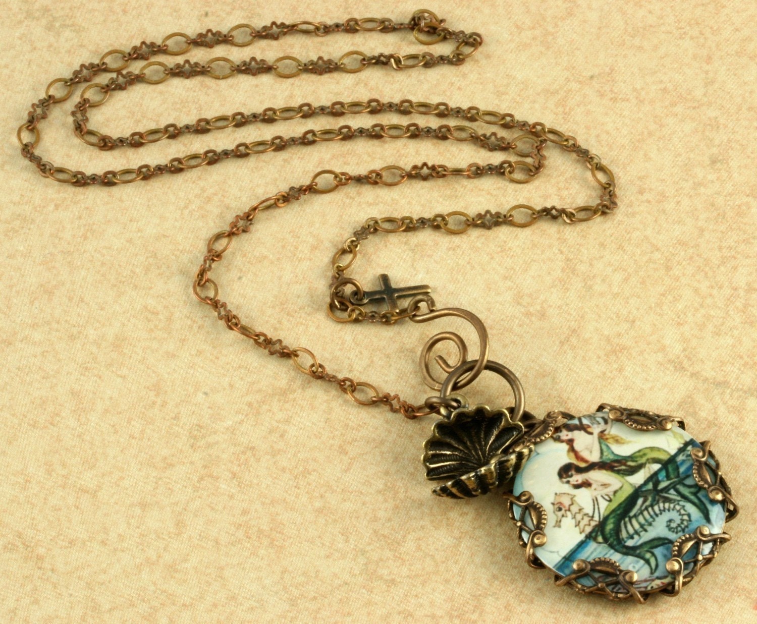 Blue Mermaid Necklace Seahorse Necklace Mermaid Pendant Beach Necklace Oyster Brass Filigree Vintage Mermaid Seashell Altered Art