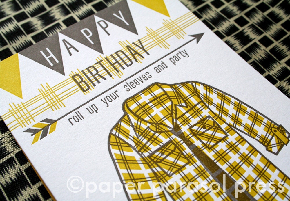 Happy Birthday Banner Plaid Shirt Arrow Letterpress Card