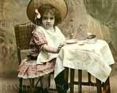 DIGITAL Scan French Girl Huge Straw Hat Picnic Basket Dining Alone Antique Postcard Photo Download