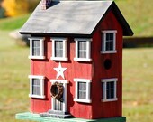 Primitive Folk Art Birdhouse Salt Box Country Rustic Cranberry Red Steps Aged Display Outside