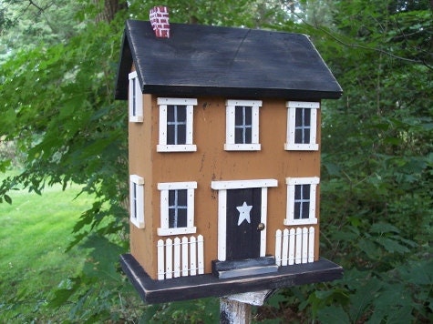 Salt Box Birdhouse Honey Mustard Black Door Wooden Steps Folk Art Primitive White Fence