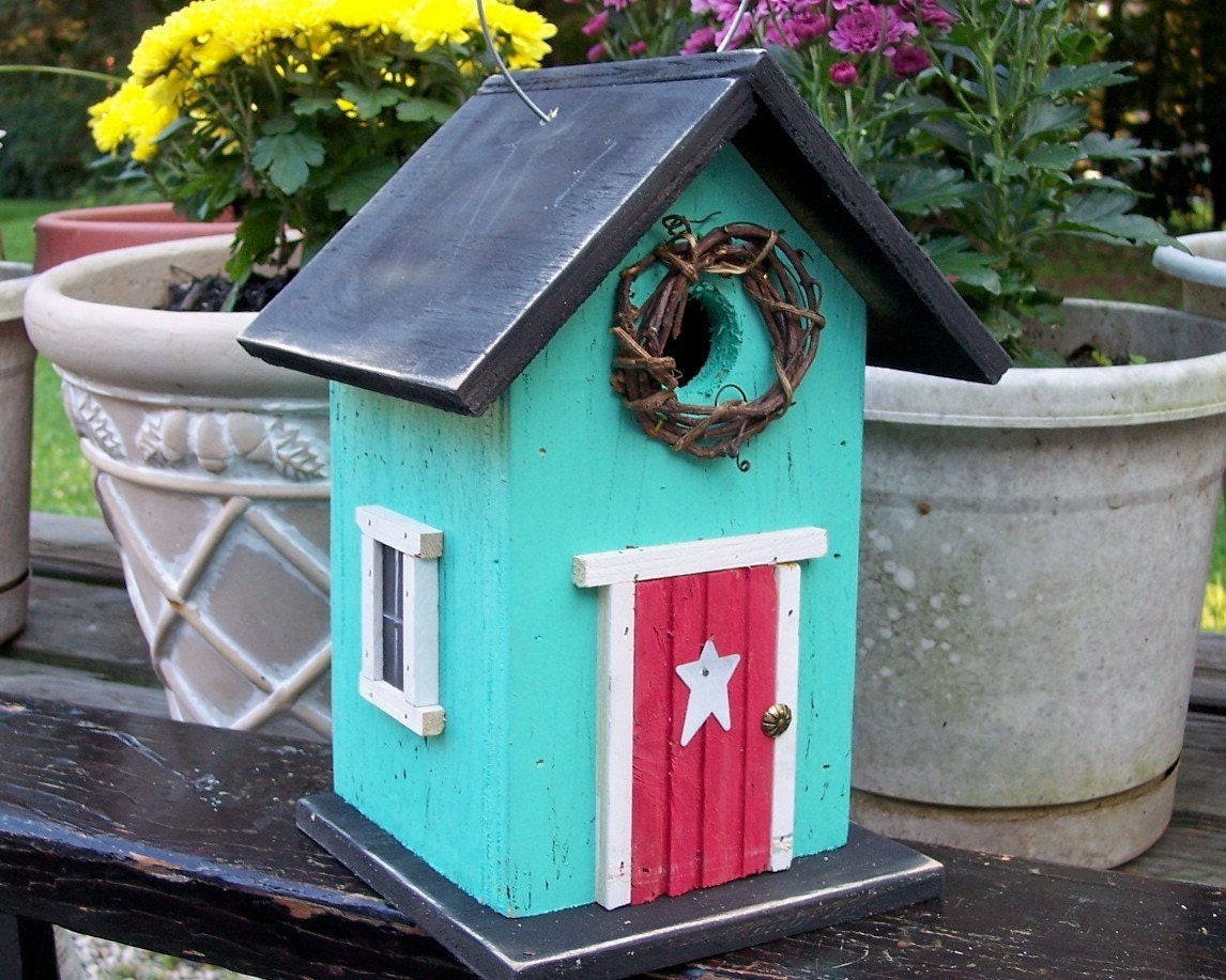 Turquoise Birdhouse Rose Red Door Grapevine Wreath Metal Star Black Roof and Base Bottom Removes for Clean out