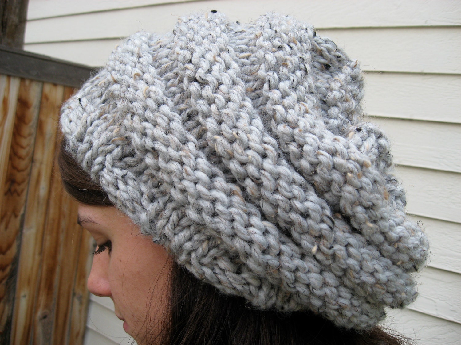 Slouchy Knit Hat, Knit Hat, Chunky Knit Hat, Slouchy Hat Beehive - Grey Marble - READY TO SHIP