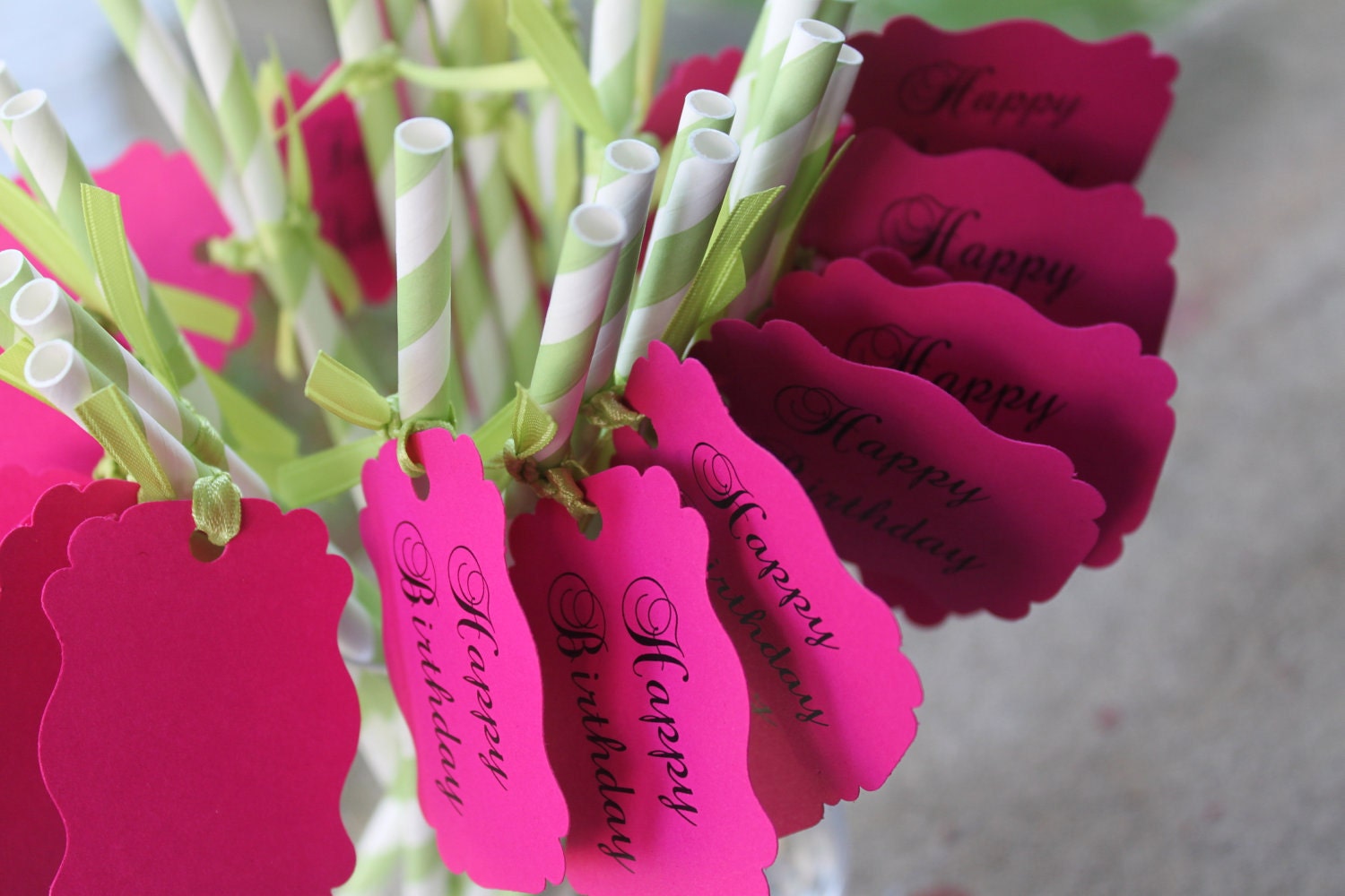 Green Pixie Striped Paper Straws with Fuschia Tag and Ribbon- Set of 10