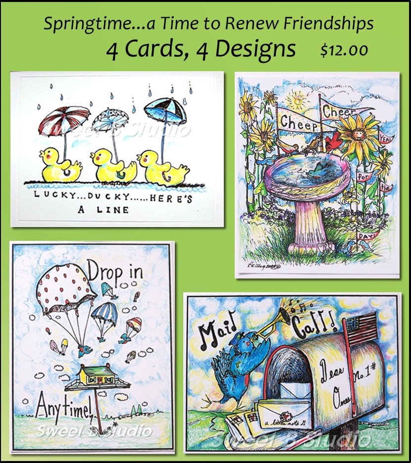 cheerful cute birds greeting cards  - Set of 4 Notecards with Envelopes