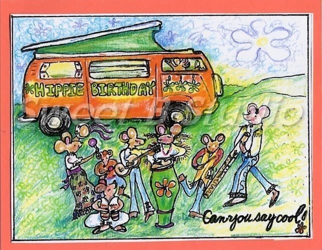hippie vw camper van 70's birthday card- 5 x7 envelope