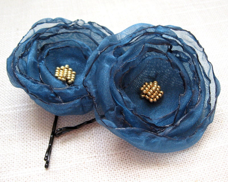 Peacock Teal Fabric Flower Hair Clips, Dark Teal Flower Bobby Pins, Organza Fabric, Gold Beads, Bridesmaid Hair, Peacock Wedding