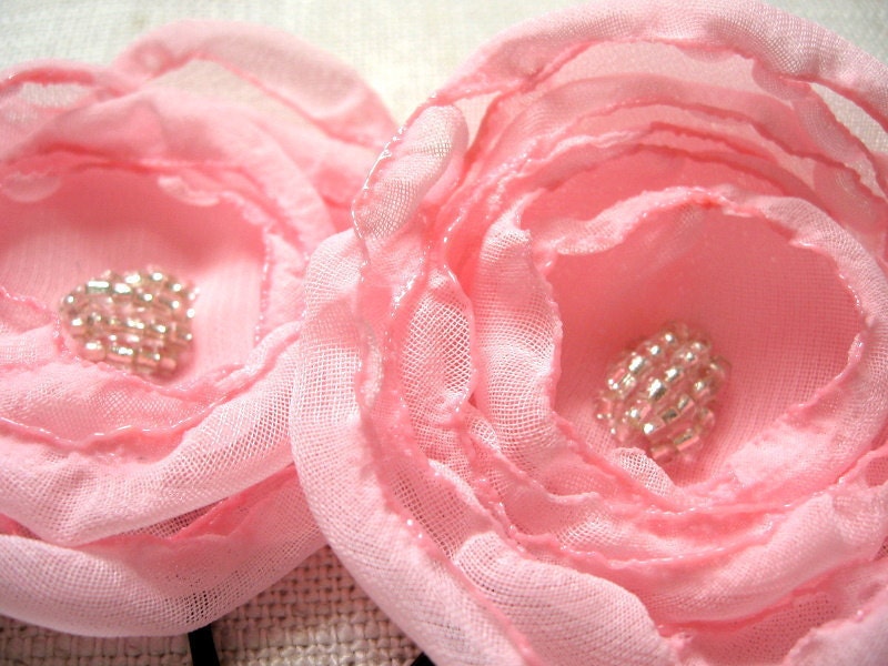 Light Pink Flower Hair Pins, Fabric Flower Bobby Pins, Crystal Beads, Blush Pink Flowers