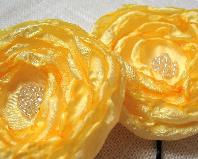 Yellow Fabric Flower Hair Pins, Satin Fabric, Crystal Beads, Flower Bobby Pins, Yellow Hair Accessories