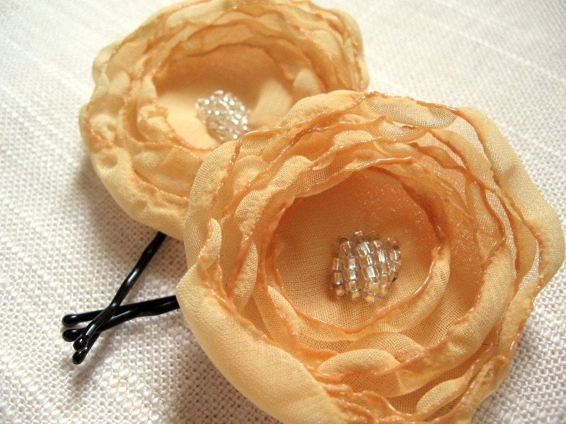 Mustard Yellow Flower Hair Pins, Yellow Chiffon Fabric, Clear Beads, Spring Wedding