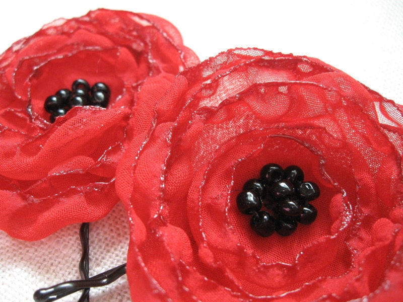 Poppy Red Flower Hair Pins, Red Fabric Flower Bobby Pins, Black Beads, Georgia Bulldogs