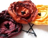Autumn Harvest Flower Hair Pins, Satin Fabric, Mustard Yellow, Pumpkin, Burnt Orange, Burgundy, Cranberry, Fall Wedding