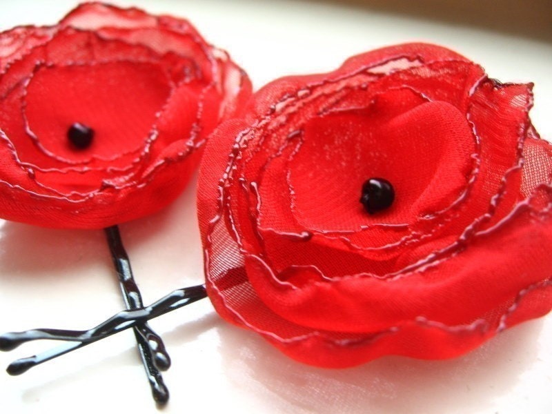 Red Chiffon Flower Hair Pins