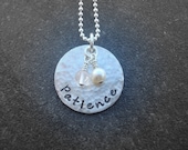 Hand Stamped Jewelry Patience Sterling Silver Necklace In Fancy Lowercase Script Font