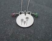 Hand Stamped Jewelry Three Flower Pendant With Pink and Green Crystals