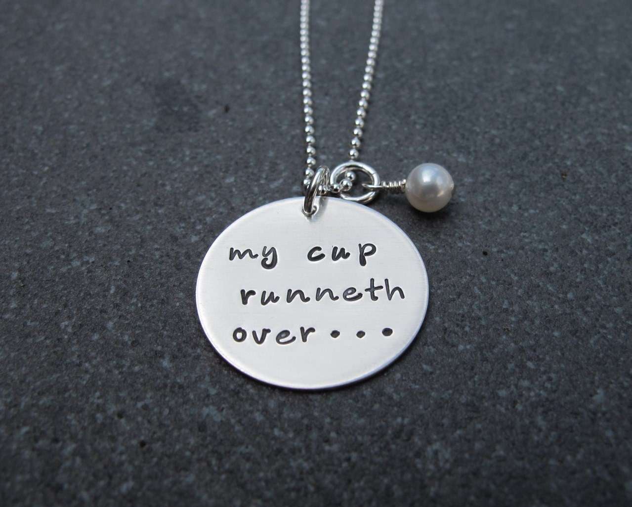 Hand Stamped Jewelry My Cup Runneth Over Necklace With Fancy Lowercase font