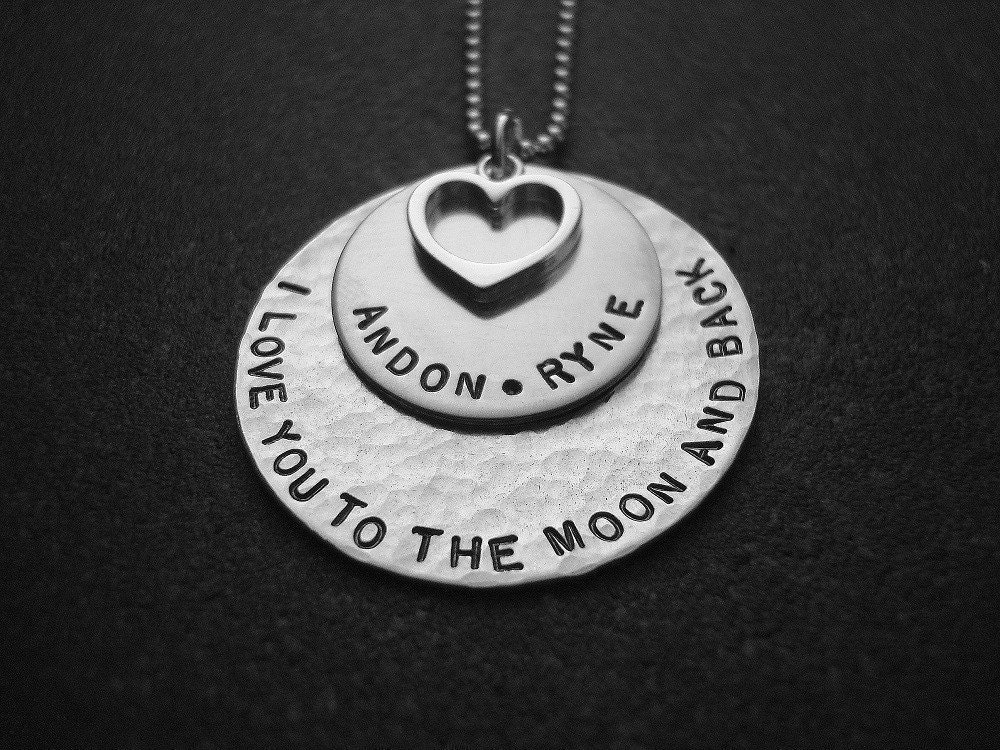 Mother's Day Hand Stamped Jewelry Double Stacked I Love You To The Moon And Back Necklace With Personalized Names