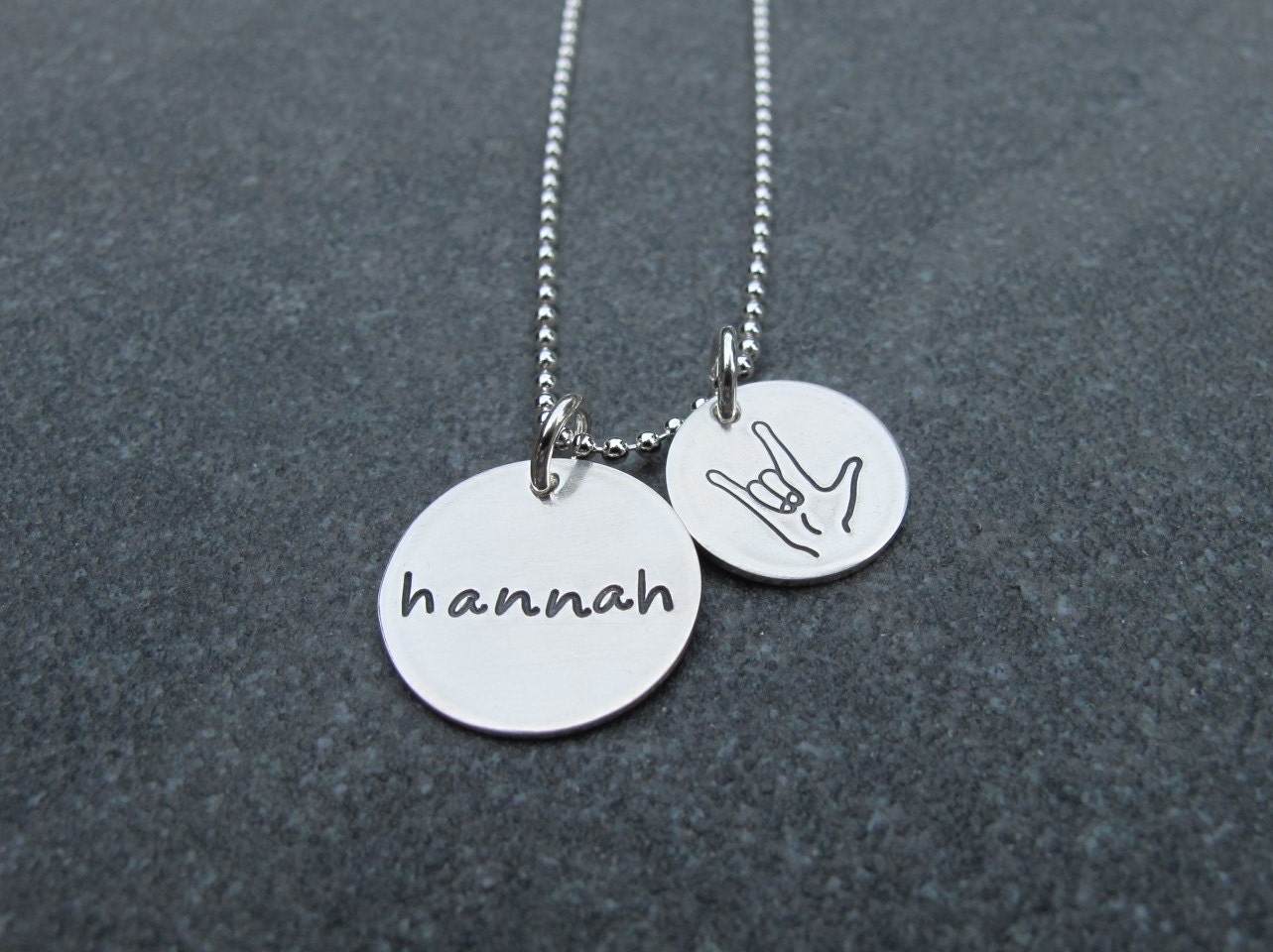 Hand Stamped Jewelry Custom Personalized Name Necklace With I Love You Charm In Sign Language