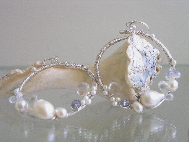The Moon and the Stars...Cultured and Nucleated Pearls White Topaz Moonstone Mystic Topaz Signature Original Signature Hoop Earrings
