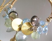 Over the Moon...Prehnite Smoky Quartz Blue Topaz Encrusted Signature and Original Gold filled Circle Ring Pendant Necklace
