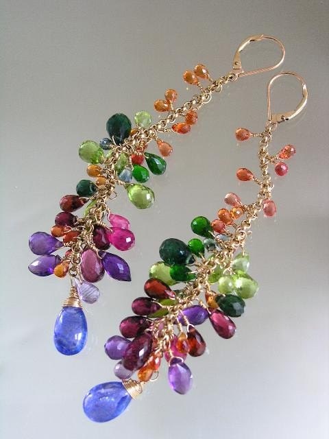 Haute Couture...Tantalizing Gemstone Laden Gold Filled Signature Original Tassel Earrings with Tanzanite