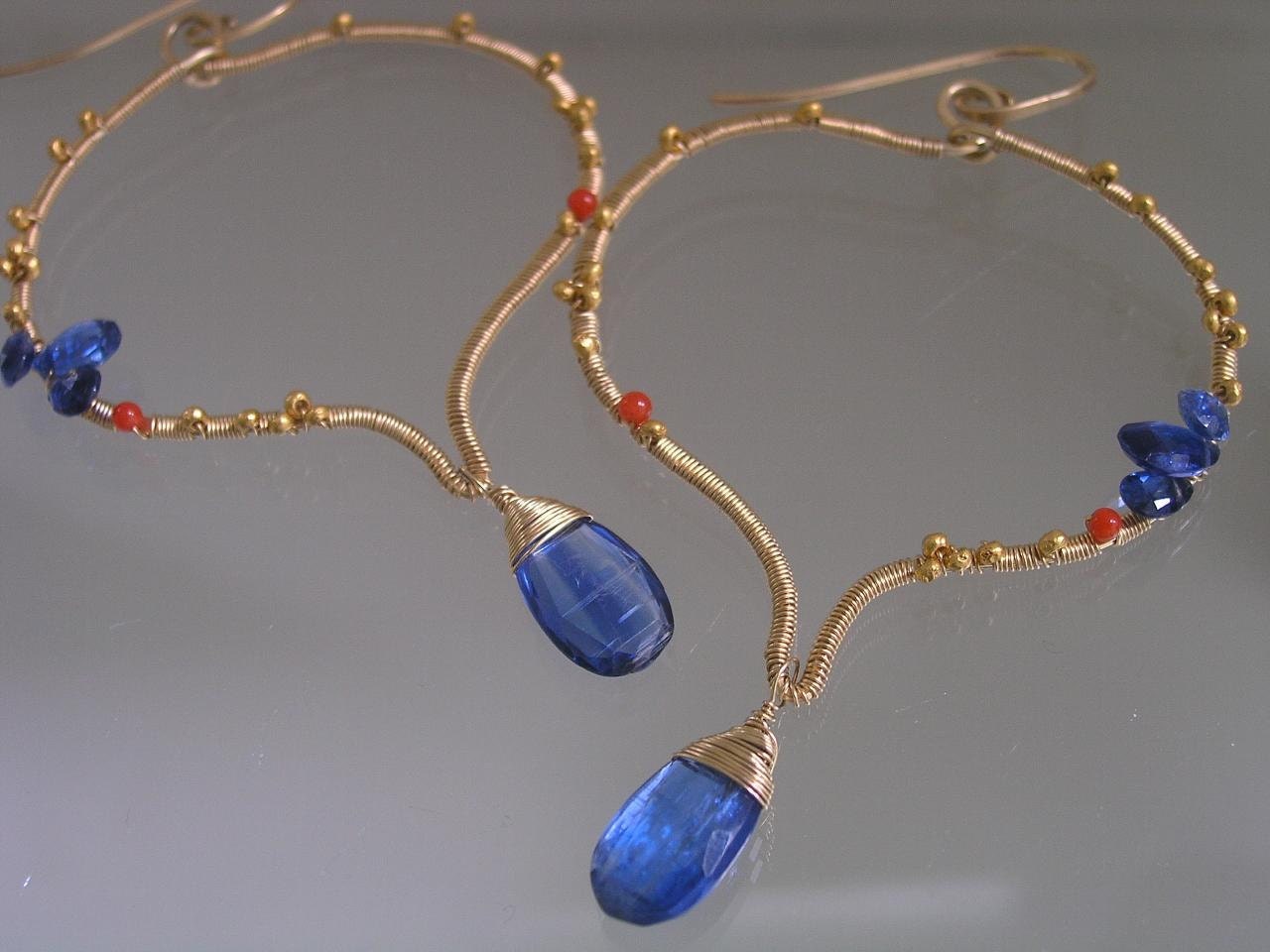 Navy in a Whole New Light...Kyanite Coral Original Sculptural Gold Filled Moorish Tile Earrings