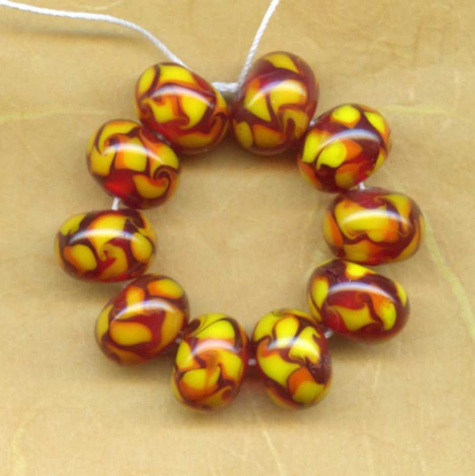 Vintage Glass Beads,  Red, Orange and Yellow 1950s Japan