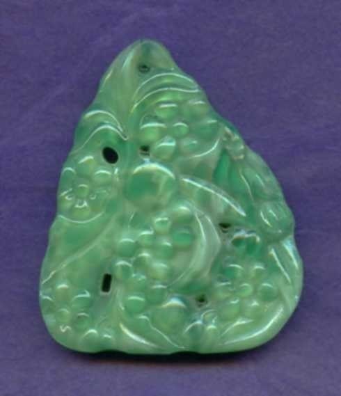 Vintage Jade Green Glass Pendant With Flowers and Fruit Art Nouveau