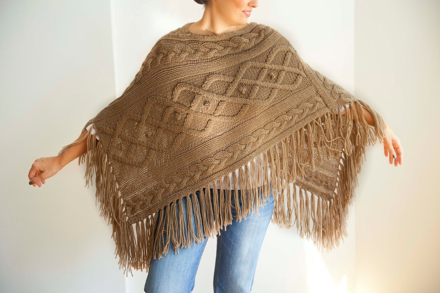 Winter SALE %40 Beige Cable Knit Poncho by Afra