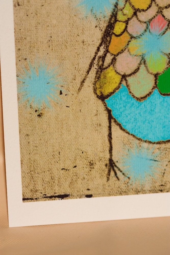 Birdbath - 4x6 Aqua Bird Multi Colored Feathers Illustration