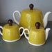 Teapot Insulated Sugar and Creamer Vintage Set White and Mustard