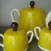 Teapot Insulated Sugar and Creamer Vintage Set White and Mustard