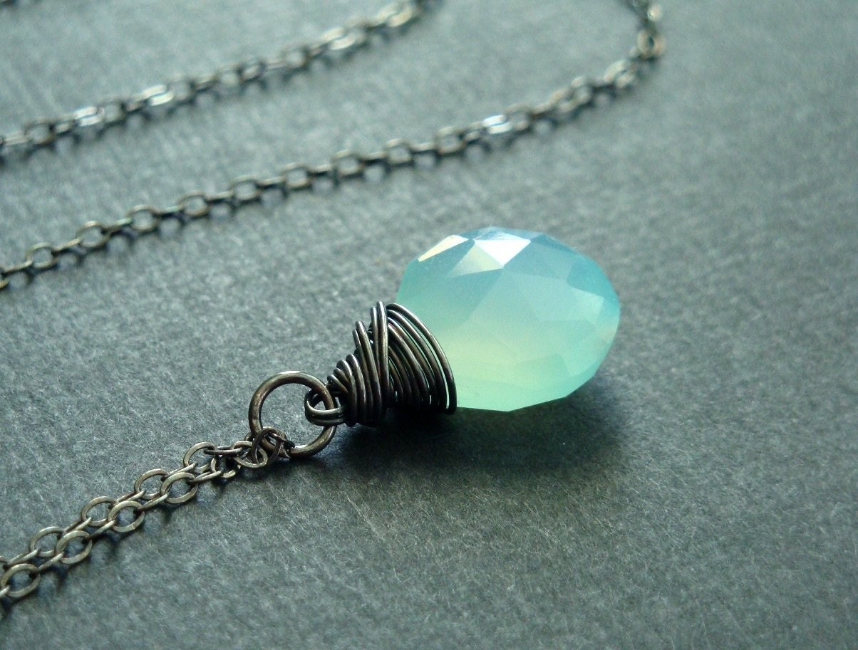 Big aqua chalcedony heart briolette necklace in black oxidized sterling silver - imperfect