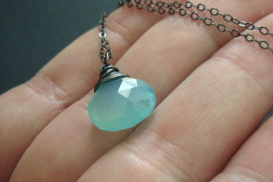 Big aqua chalcedony heart briolette necklace in black oxidized sterling silver - imperfect