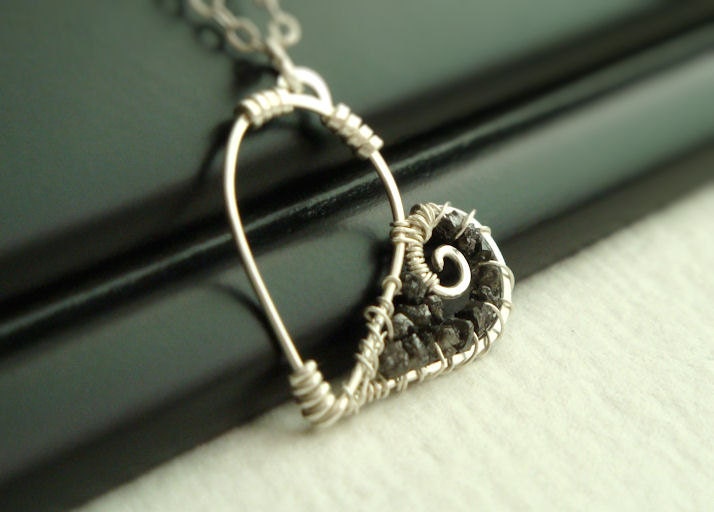 Dark Valentine rough black diamond encrusted heart necklace in sterling silver - April birthstone raw diamond pendant