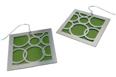 Earrings of large Forest Green Square Bubbles and Black on the Back