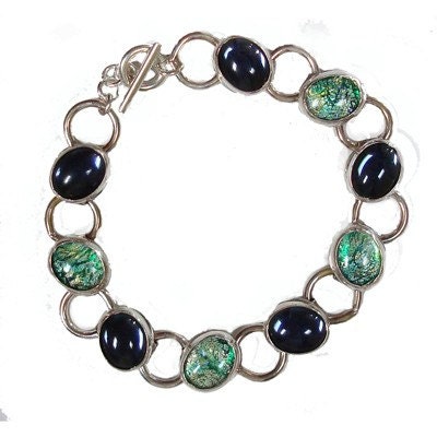 Fired green and smoke blue glass/sterling silver bracelet