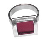 small square recycled aluminum/silver ring in Red