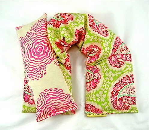 Therapeutic Neck Shoulder Wrap Eye Pillow Set Organic Flaxseed Rice Lavender Scented Henna Paisley Pink Birthdays Weddings Yoga